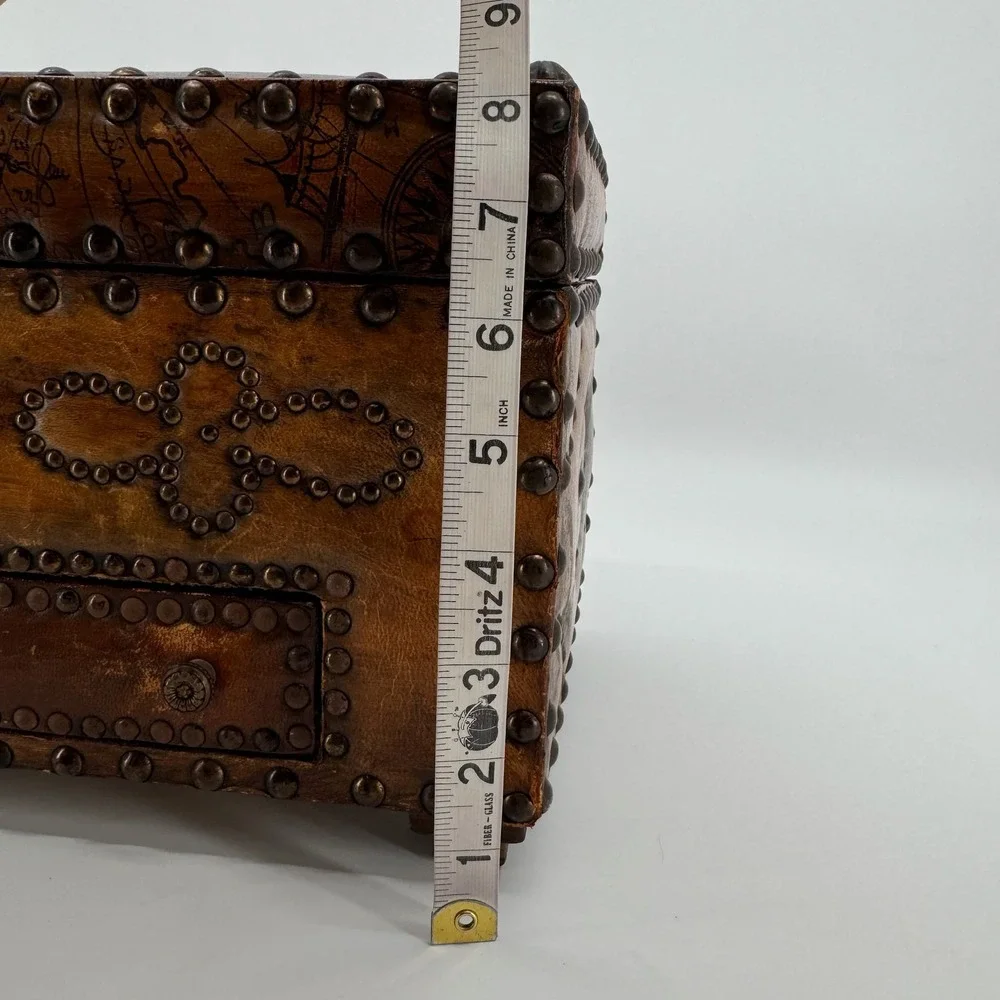 Vtg Leather Wood Jewelry Box Chest Trunk Old World Map Studded Nailhead Drawer